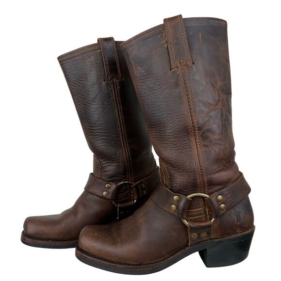 Frye Harness Brown Leather Moto Mid-Calf Block Heel Square Toe Boots (Sz 6.5)
